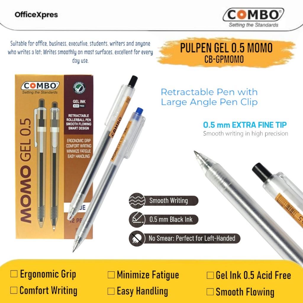 

Retractable Pen 0.5 MOMO / Pulpen Cetek 0.5mm / Pen Gel Hitam / Pulpen Gel Biru / Ink Gel Pen 0.5 MOMO
