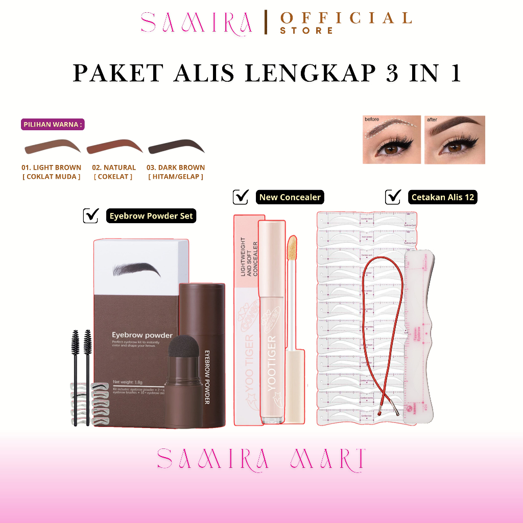 [ BISA COD ] PAKET NGALIS VIRAL 3in1 EYEBROW POWDER + CETAKAN ALIS TALI 12 TITIK 3 + CONCEALER TAHAN