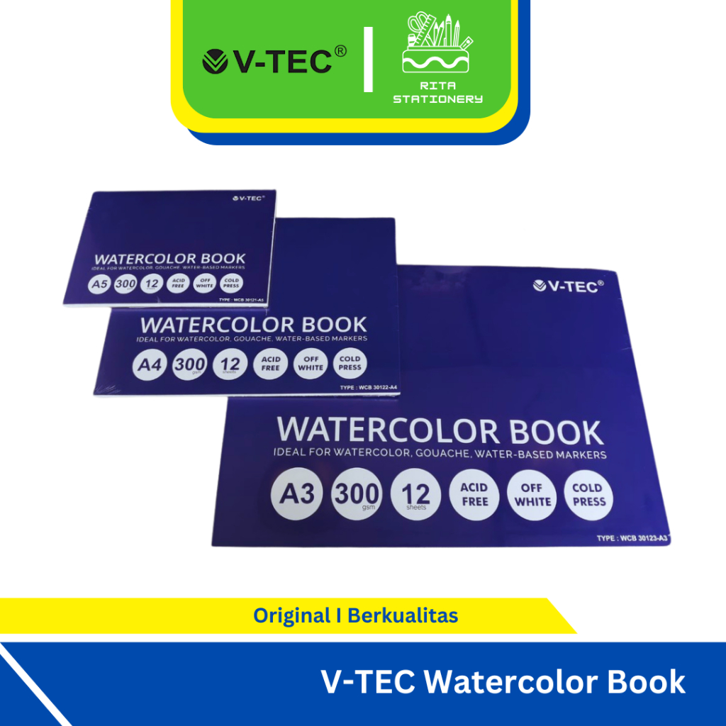 

V-Tec Watercolor Book 300GSM/ COLD Press (12 Sheets) Semua Ukuran WCB-30121 A5 / A4 / A3