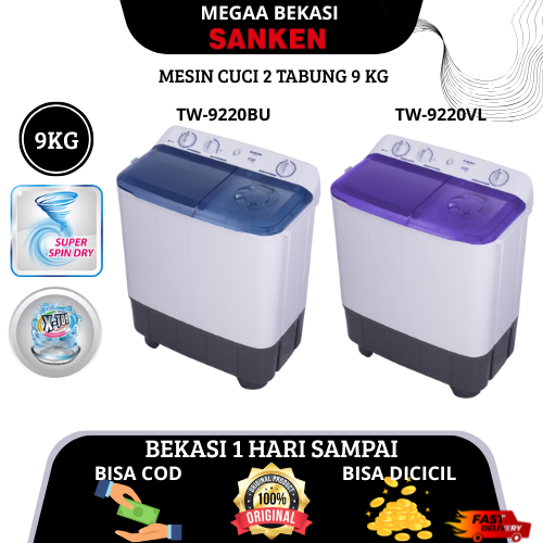 SANKEN MESIN CUCI 2 TABUNG 9 KG TW-9220 TW9220 TW 9220 LOW WATT GARANSI RESMI