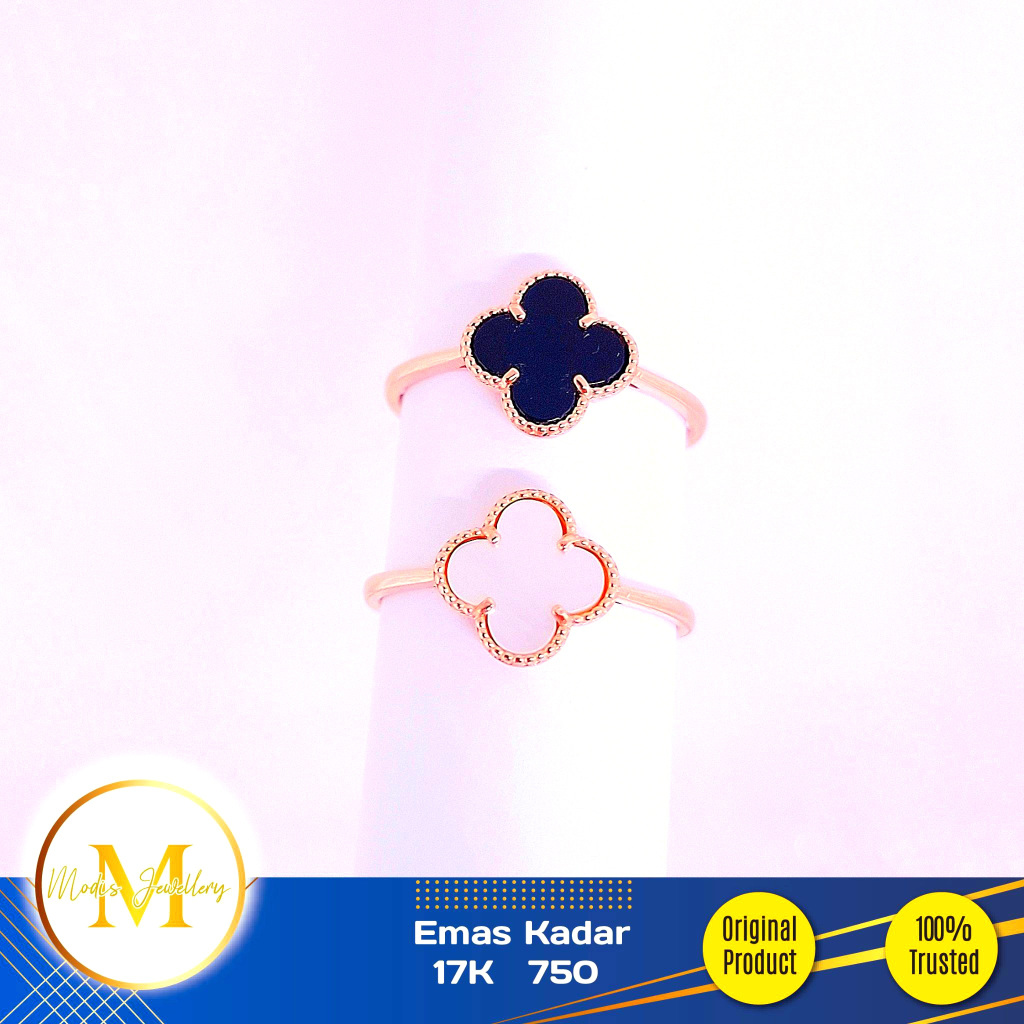 MODIS JEWELLERY - Cincin Clover Hitam Putih Italy Rosegold - Emas 17k 750