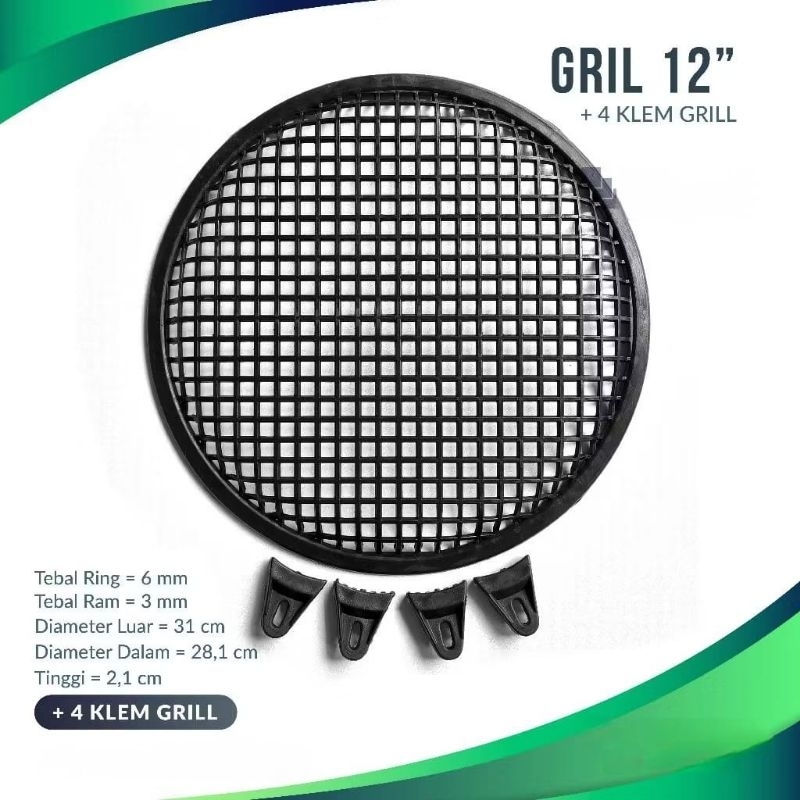 Grill Subwoofer 12 inch Plastik Tebal Hitam + 4 Klem Tutup Ram Ring Speaker Subwofer Mobil 12inch Ja