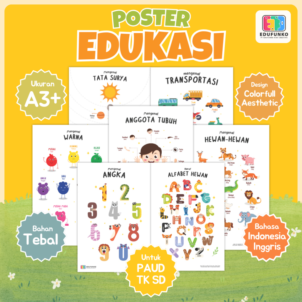 Poster Edukasi Anak Belajar ABC Angka Warna Hewan Untuk Balita PAUD TK SD | Dekorasi Kamar Anak