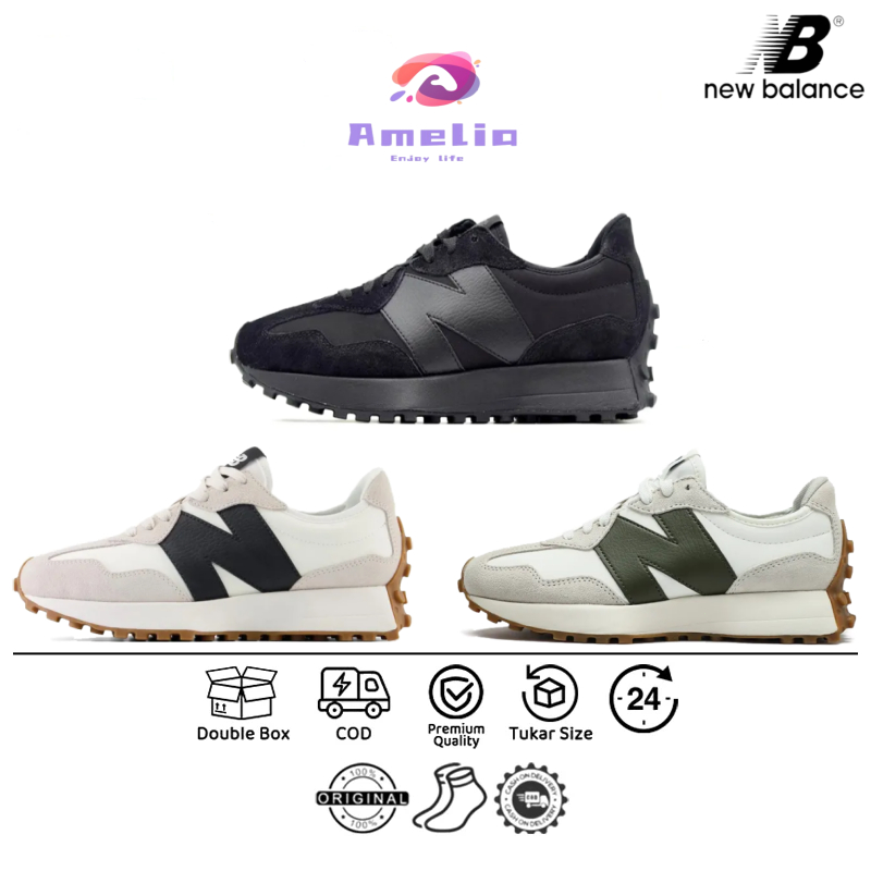 【ini ready】nb 327 original full black/black white sepatu sneker pria
