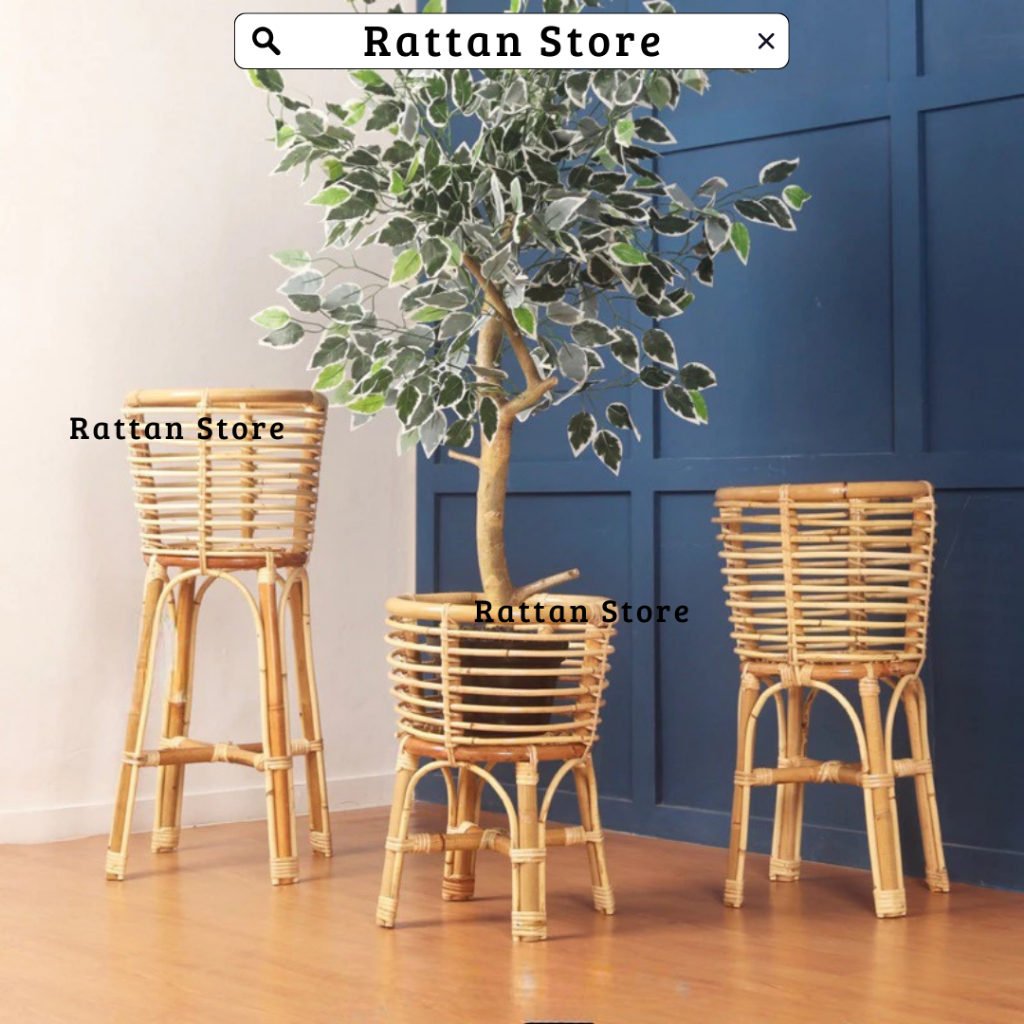 Standing Pot Bunga Rotan Natural 4 Kaki untuk Dekorasi Rumah Minimalis