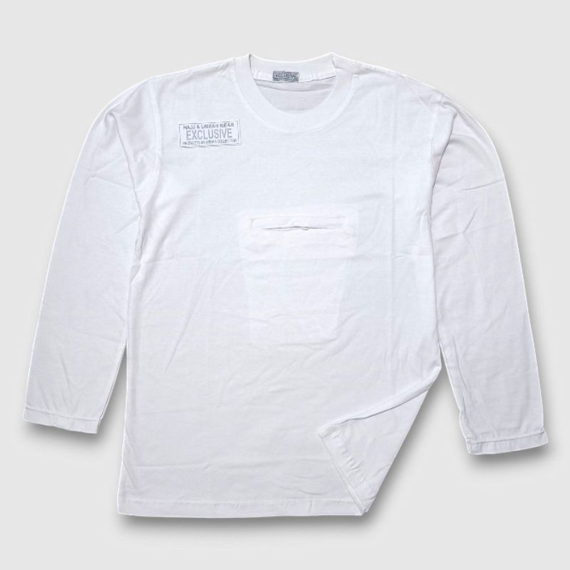 Kaos Putih Polos Pria Lengan Panjang – Kaos Haji Umroh Kantong Depan Resleting