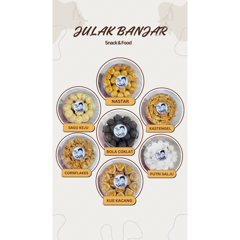 

KUE KERING JULAK BANJAR_BJM (nastar, kastengel, sagu keju, putri salju, kue kacang, bola coklat, cornflakes)