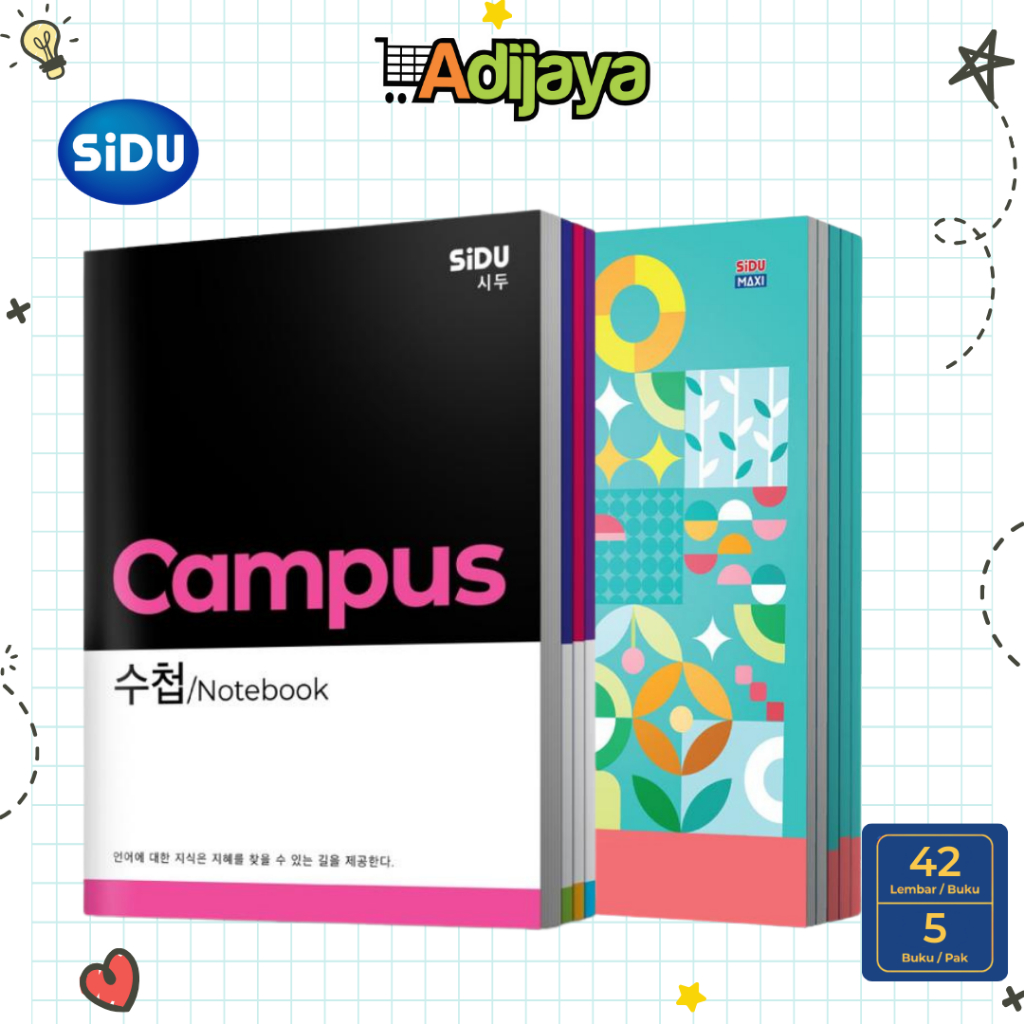 

SiDU 42 Lembar 1 Pak isi 5 buku / Buku Tulis Sekolah Sidu CAMPUS MAXI Garis Boxy + Sticker per pak