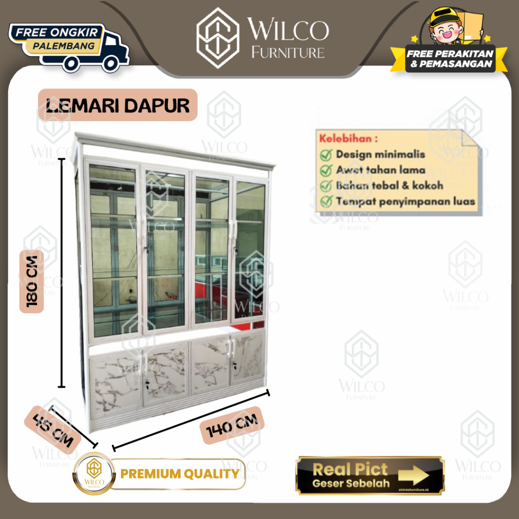 Lemari Dapur 4 Pintu | Lemari Serbaguna 4 Pintu | Lemari Hias Motif Marble Putih | Lemari Kaca 4 Pin
