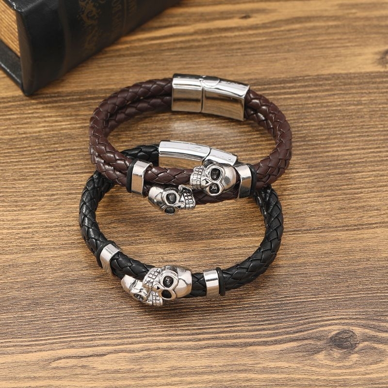 Gelang kulit Twin Skull - gelang kulit asli punk rock metal untuk pria wanita cocok untuk hadia gift