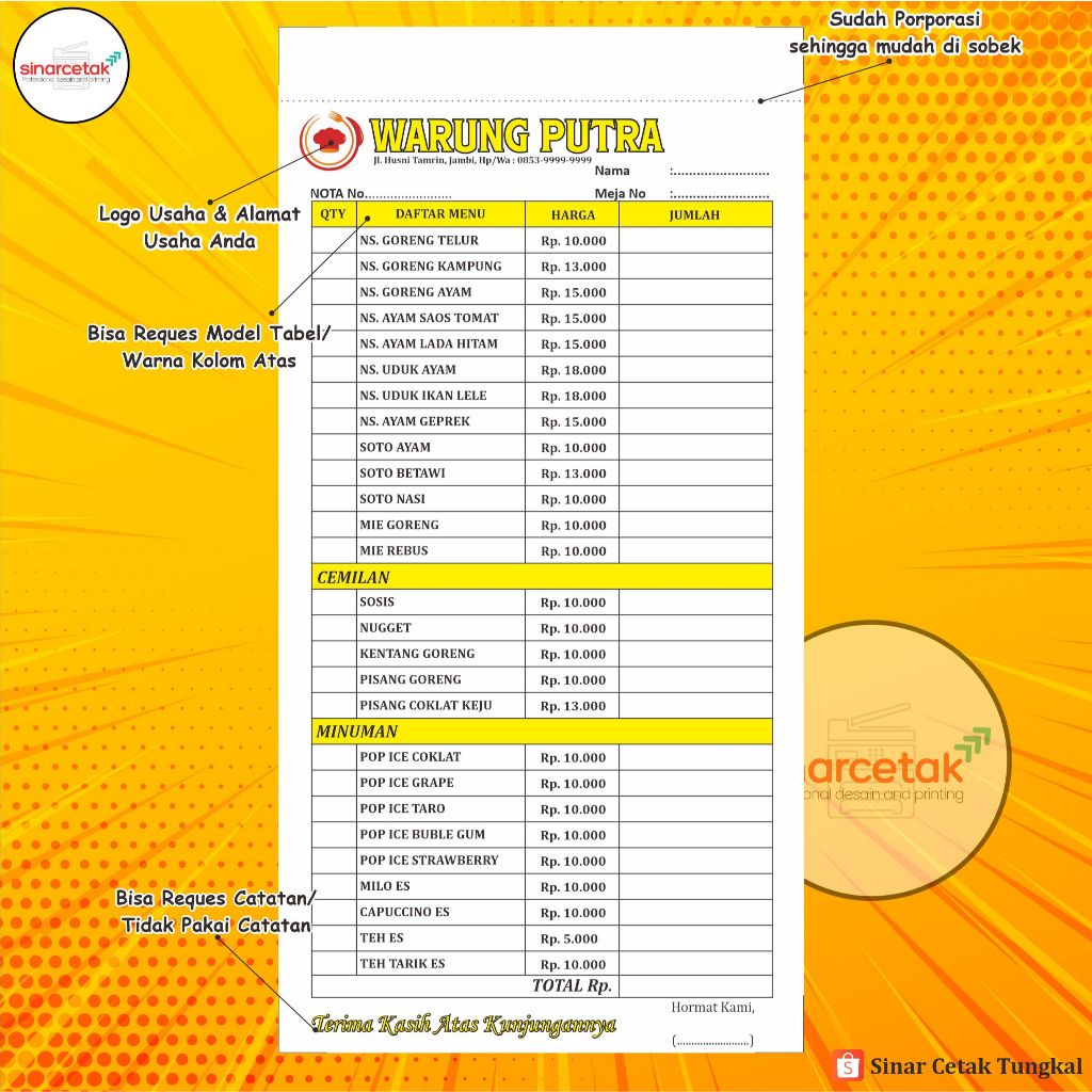 

cetak nota custom rumah makan/ angkringan/ cafe ukuran 1/3 (11x21cm) 1 ply 2 ply bebas reques