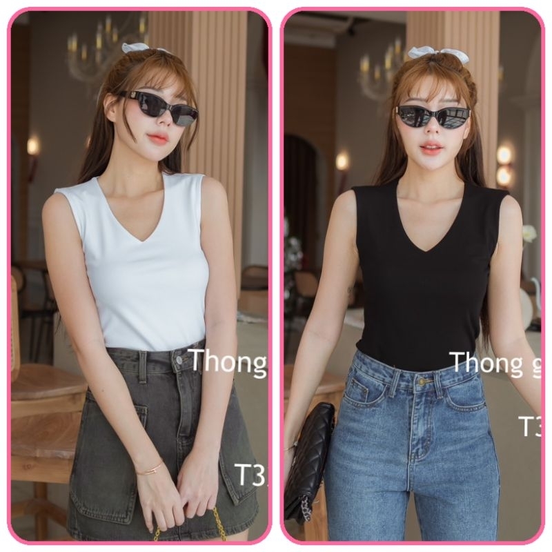 NEW Basic crop top t-shirt leher bentuk V neck T326 Ori Thong glom BKK, bahan bagus halus premium le