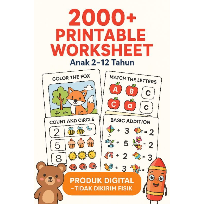 

2000+ Printable Worksheet Anak 2–12 Tahun | PDF Download | Produk Digital"