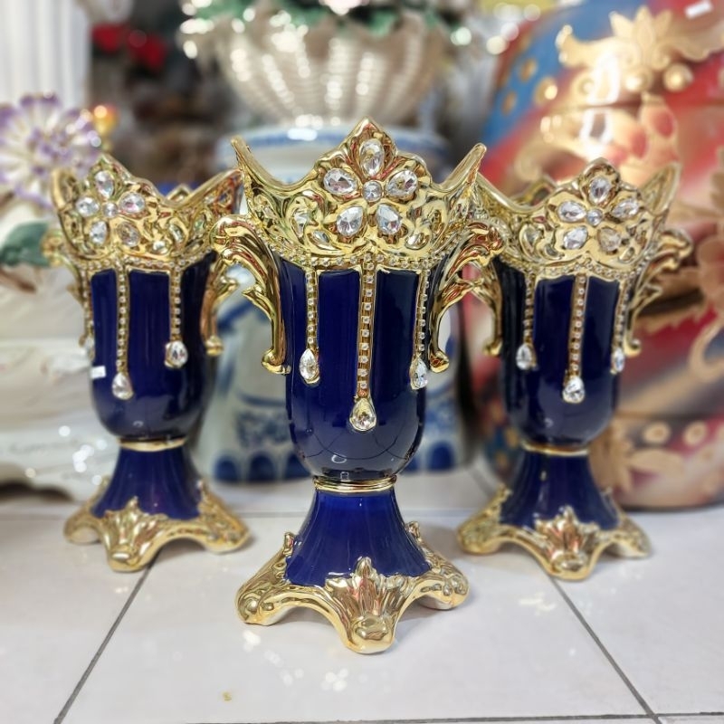 Pajangan vas keramik biru navy permata/hiasan lemari guci vas