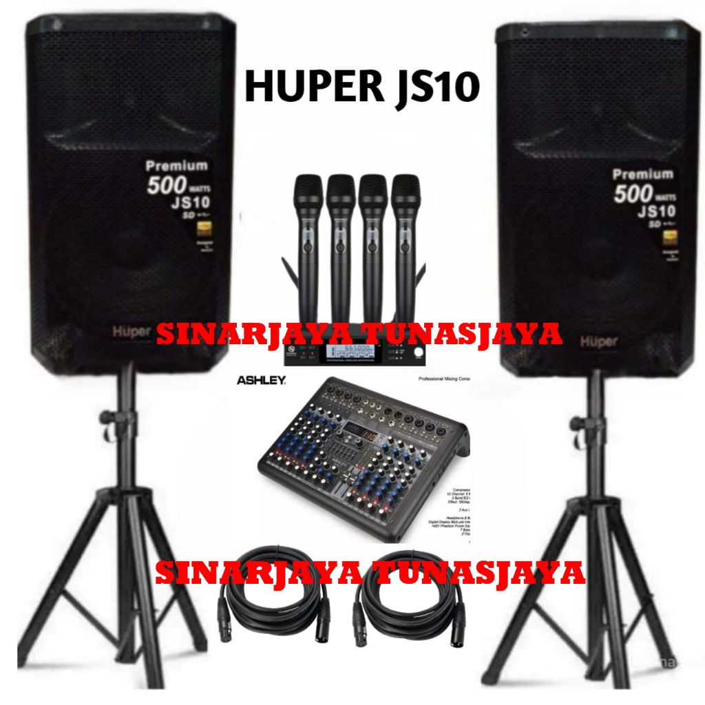 Paket Sound System Speaker Huper Js10 Mixer Ashley SMR8 Mic Wireless 4 Ch Hardwell Scarlet 4 Pro Ori