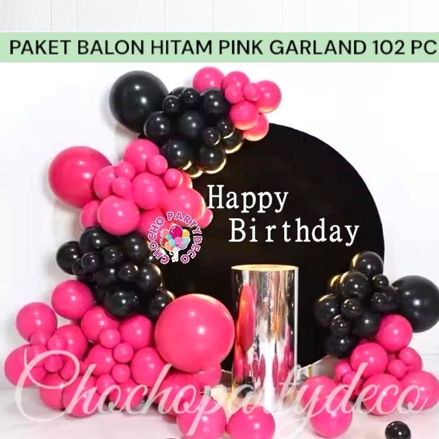Paket Balon HITAM PINK GARLAND 102 PC / Dekorasi Ulang Tahun BLACK PINK