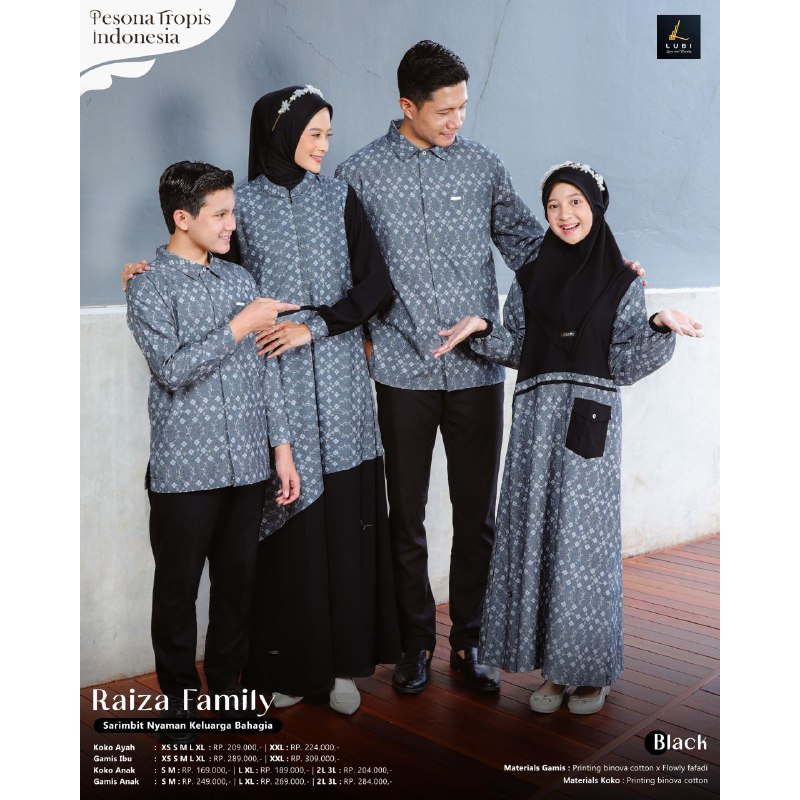 SERAGAM LUBI RAIZA BLACK HITAM SARIMBIT LUBI TERBARU HITAM GAMIS KOKO LENGAN PANJANG