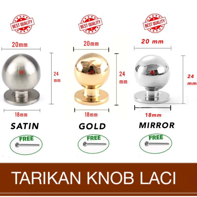 Handle Tarikan Knob/ Knob Laci/ Lemari Pentol Bulat Satin/ Gold/ Mirror