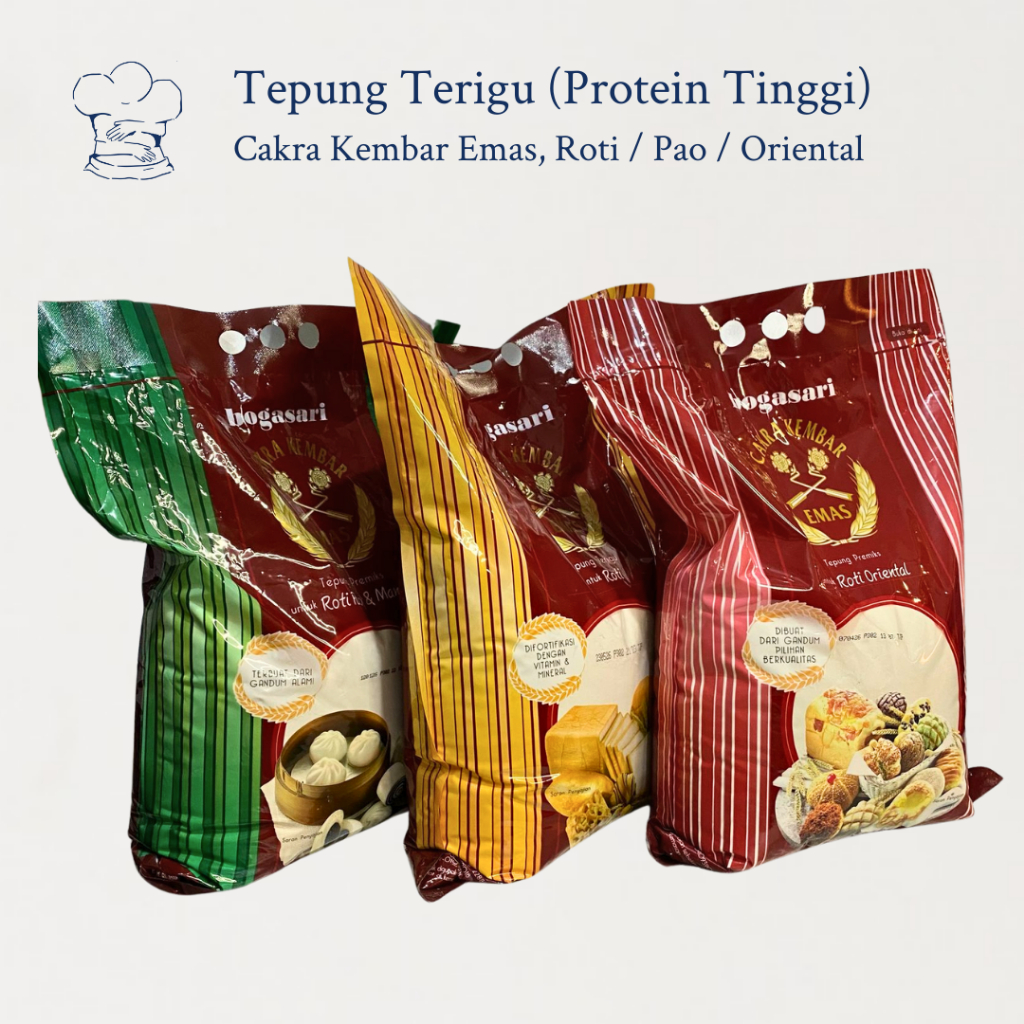 

Tepung Terigu Cakra Kembar Emas Roti & Mie / Oriental / Pao & Mantao 5kg/1kg - Tepung Protein Tinggi