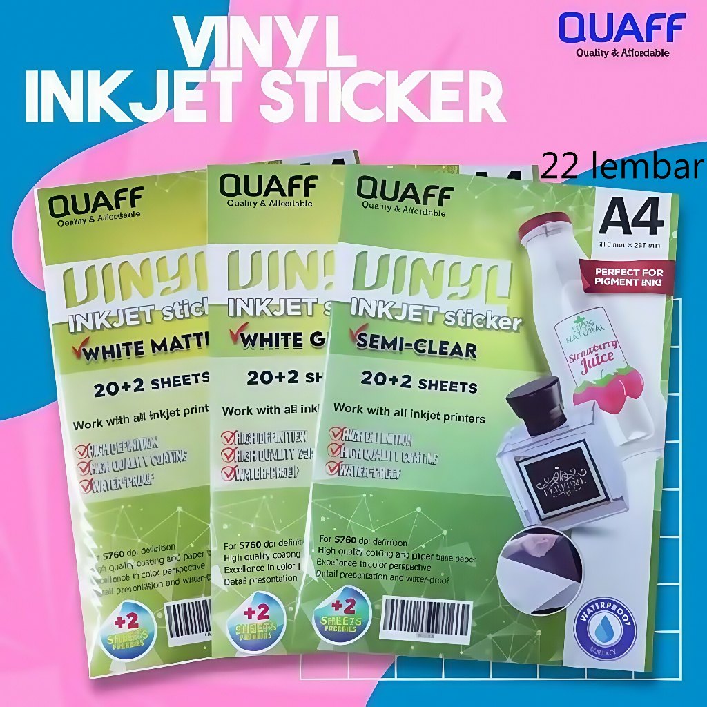 

Sticker Vinyl Inkjet Anti Air A4 - Kertas Quaff Sticker Vinyl Inkjet Matte/ Glossy / A4 Waterproof Anti Air isi 22 lembar epson/canon/hp ori/dye/pigment/art paper ink
