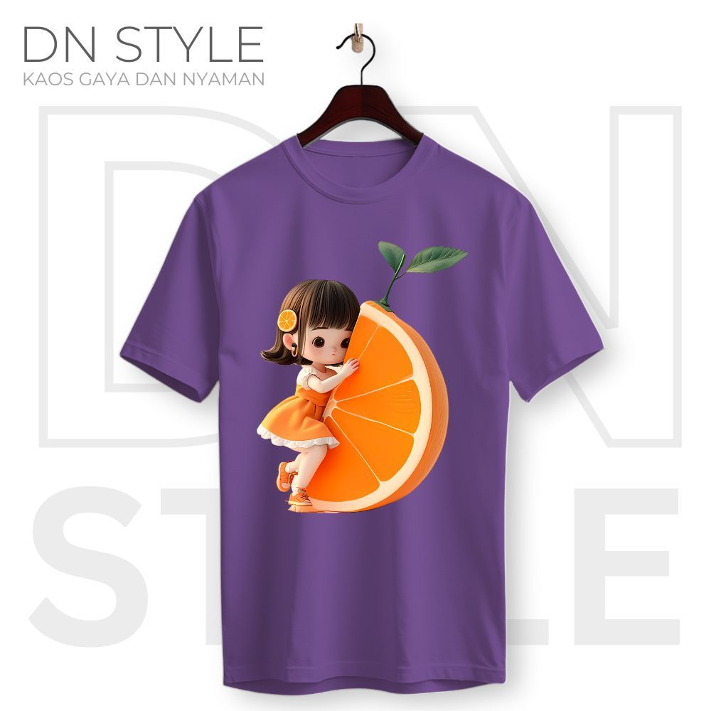 CHIBI-11 - Baju Kaos Chibi Style Korea Wanita Gemoy Karakter Peluk Jeruk Orange | Kaos Lengan Pendek