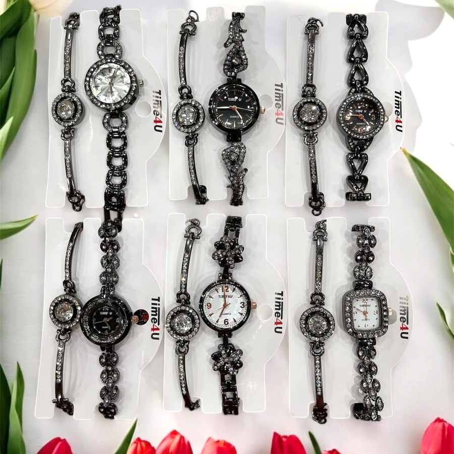 Jam tangan wanita Time4u bonus dapat gelang tangan motif permata dengan warna suasa perak dan hitam