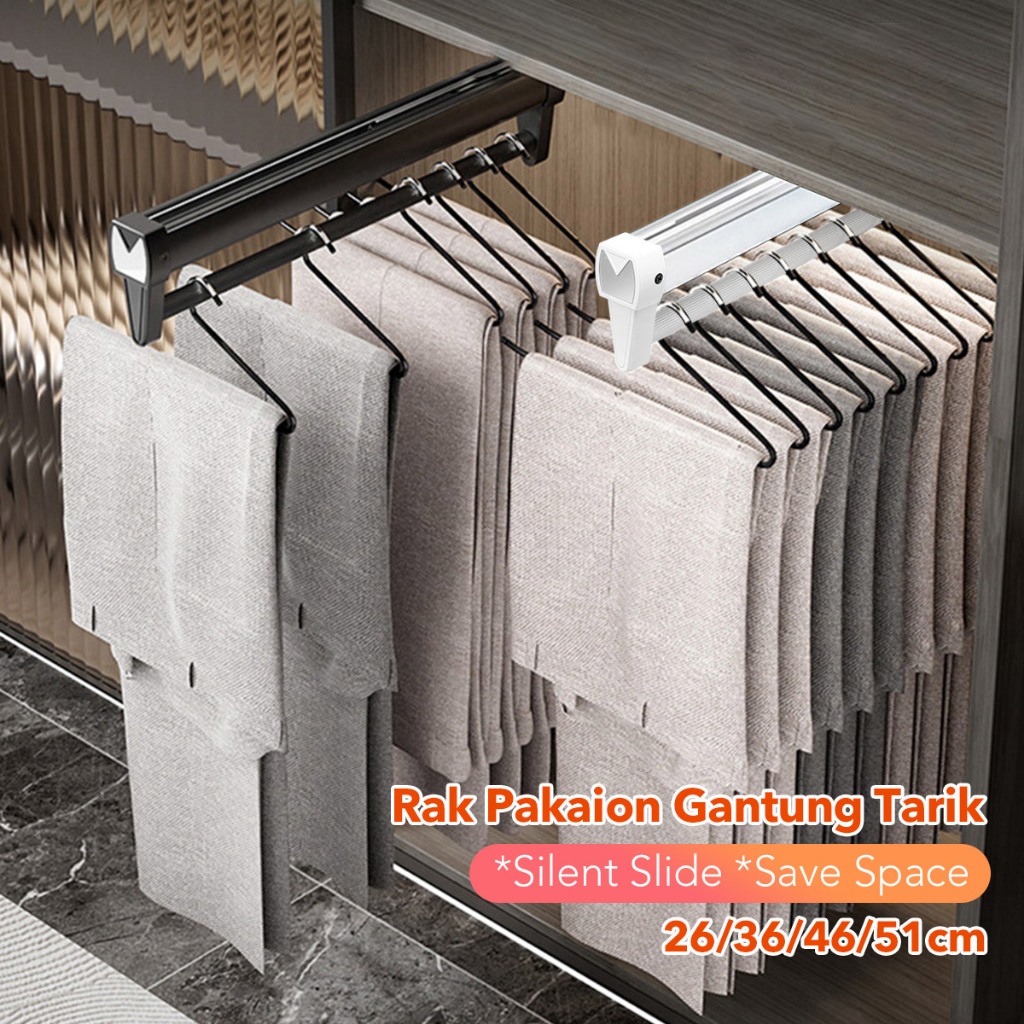Gantungan Baju Tarik Rak Rel Gantungan Celana Teleskopik Batang Rel Pants Rack Pakaian Tarik Rak Rel