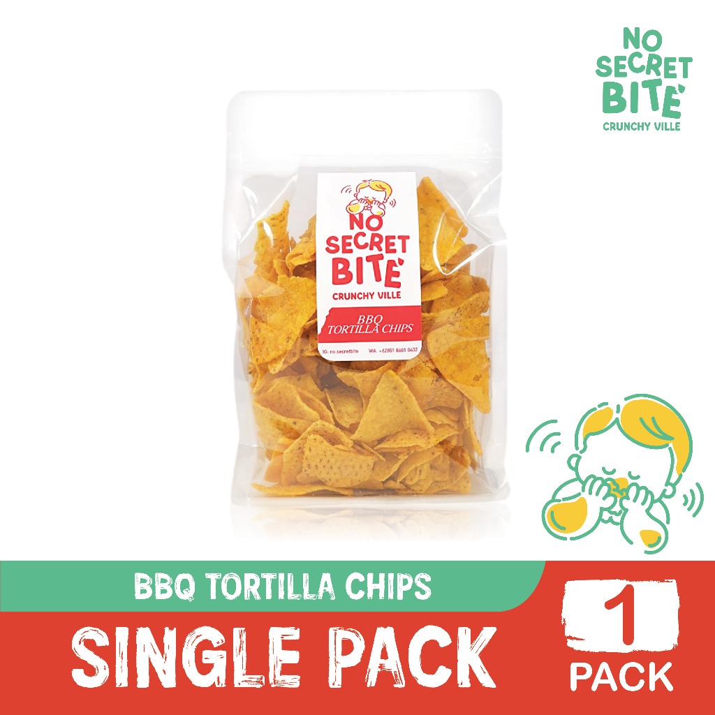 

NO SECRET BITE - Makanan Ringan Snack Keripik Jagung Asin Gurih BBQ Barbeque Tortilla Chips SINGLE PACK 150g