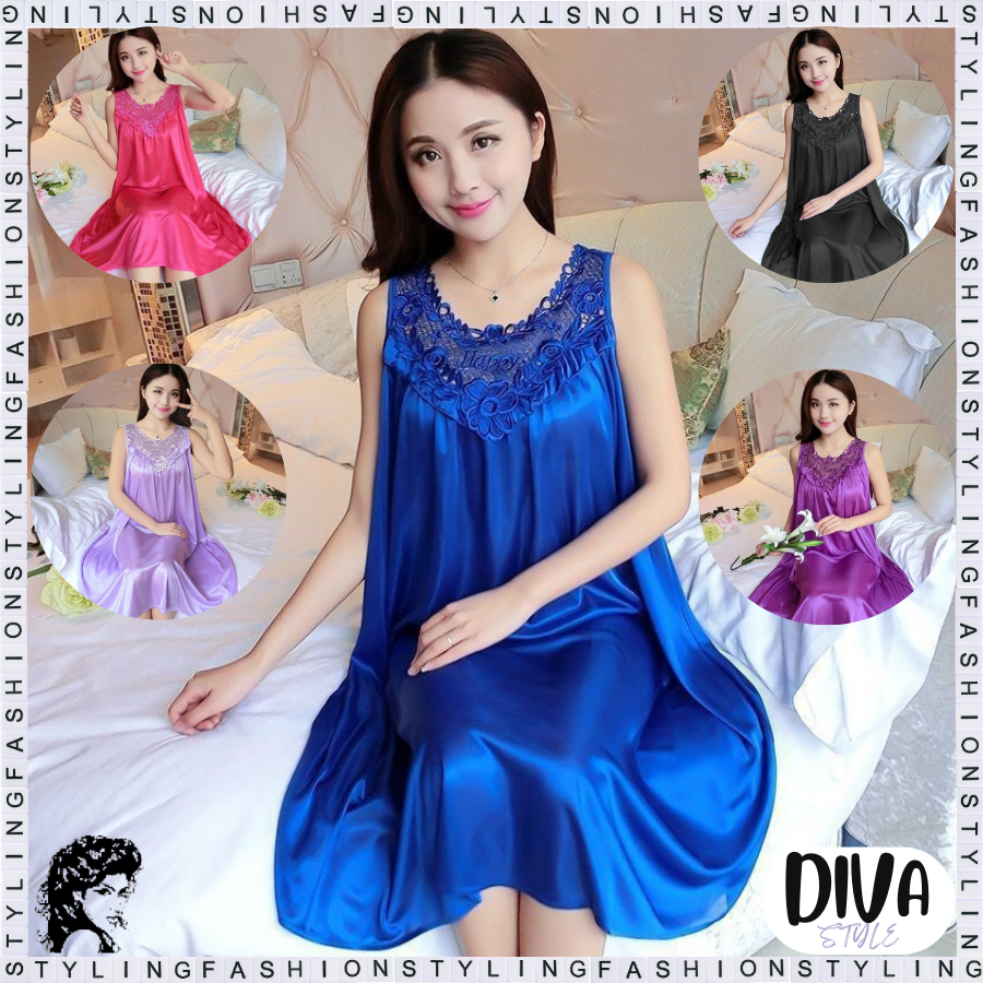 (Diva Style) Daster Satin Brokat Korea Terkini Motif Bunga Lace Baju Tidur Seksi Import 1108