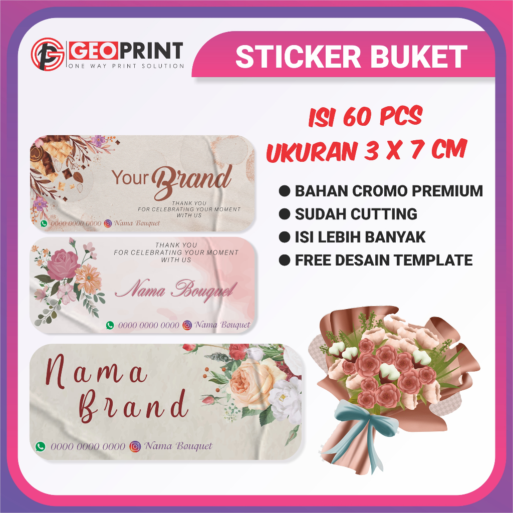 

ISI 60 PCS Stiker Bunga / Buket / Bouquet / Flower | Ukuran 3x7 cm Custom Nama Toko