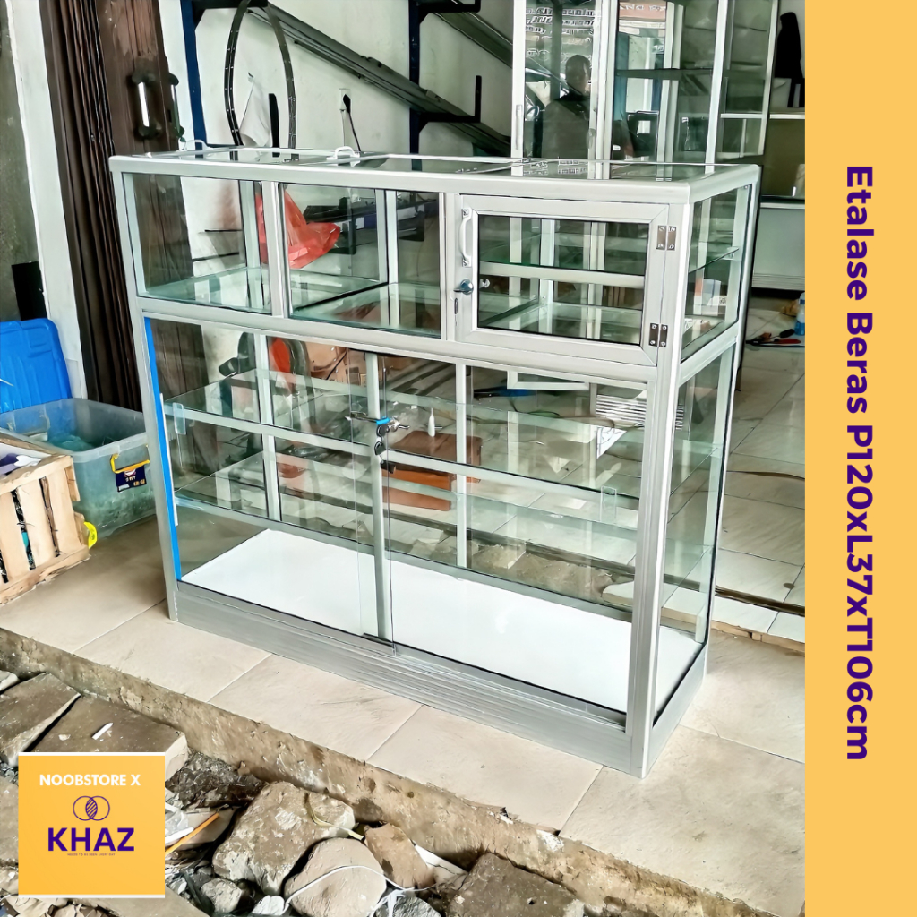 Etalase Beras Aluminium 120x37xT100cm | Rangka Kuat | Kaca Bening Tebal 5mm