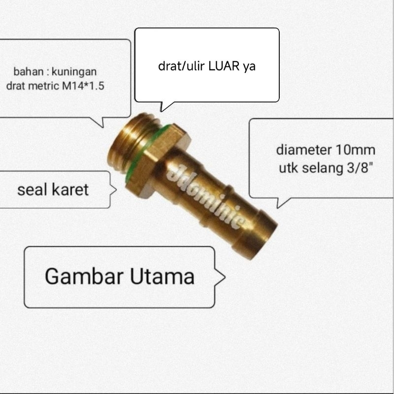sambungan drat luar METRIC ulir M14 * 1.5 ke selang 3/8 inchi inc in dim air nepel cowok cowo napple