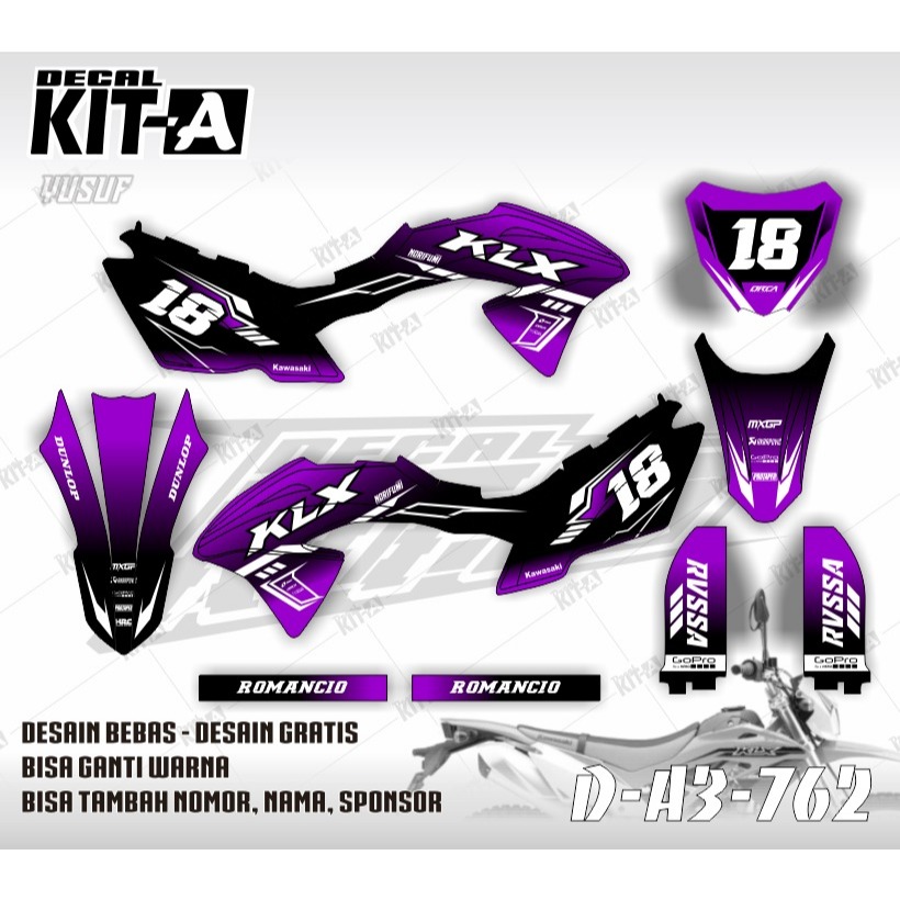 Decal stiker KLX 150 BF MOTIF RACING HITAM UNGU D-A3-867 (D-A3-051)