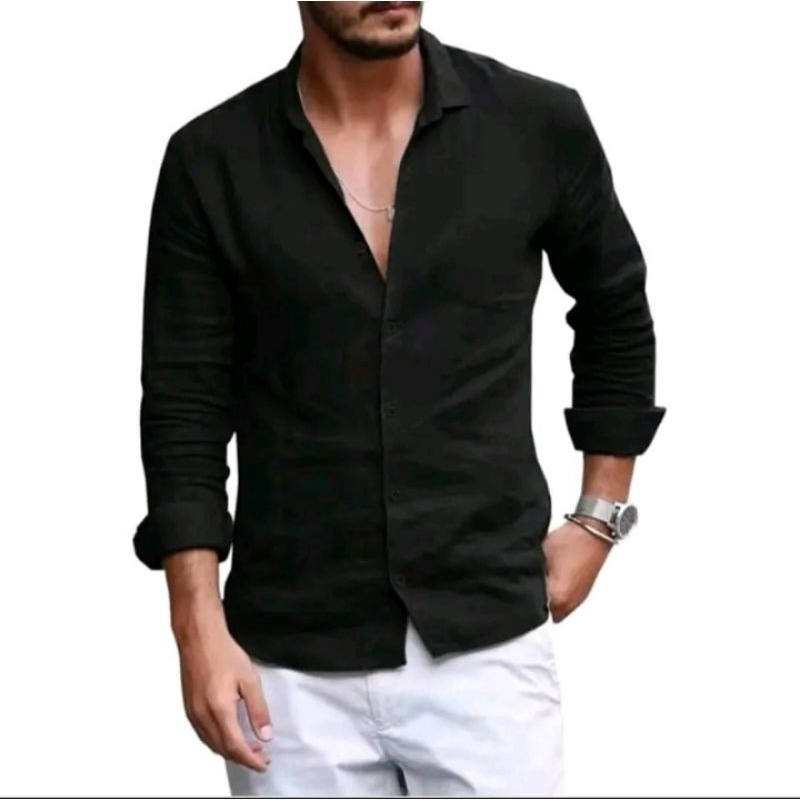 Kemaja Pria Kerah Lengan Panjang Linen Baju Linen Pria Dewasa Atasan Pria Katun Linen