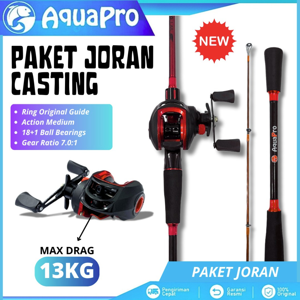 Aquapro 1 Set Paket Joran Pancing Casting Lure Fishing Rod Red Carbon dan Reel Pancing Spool Metal