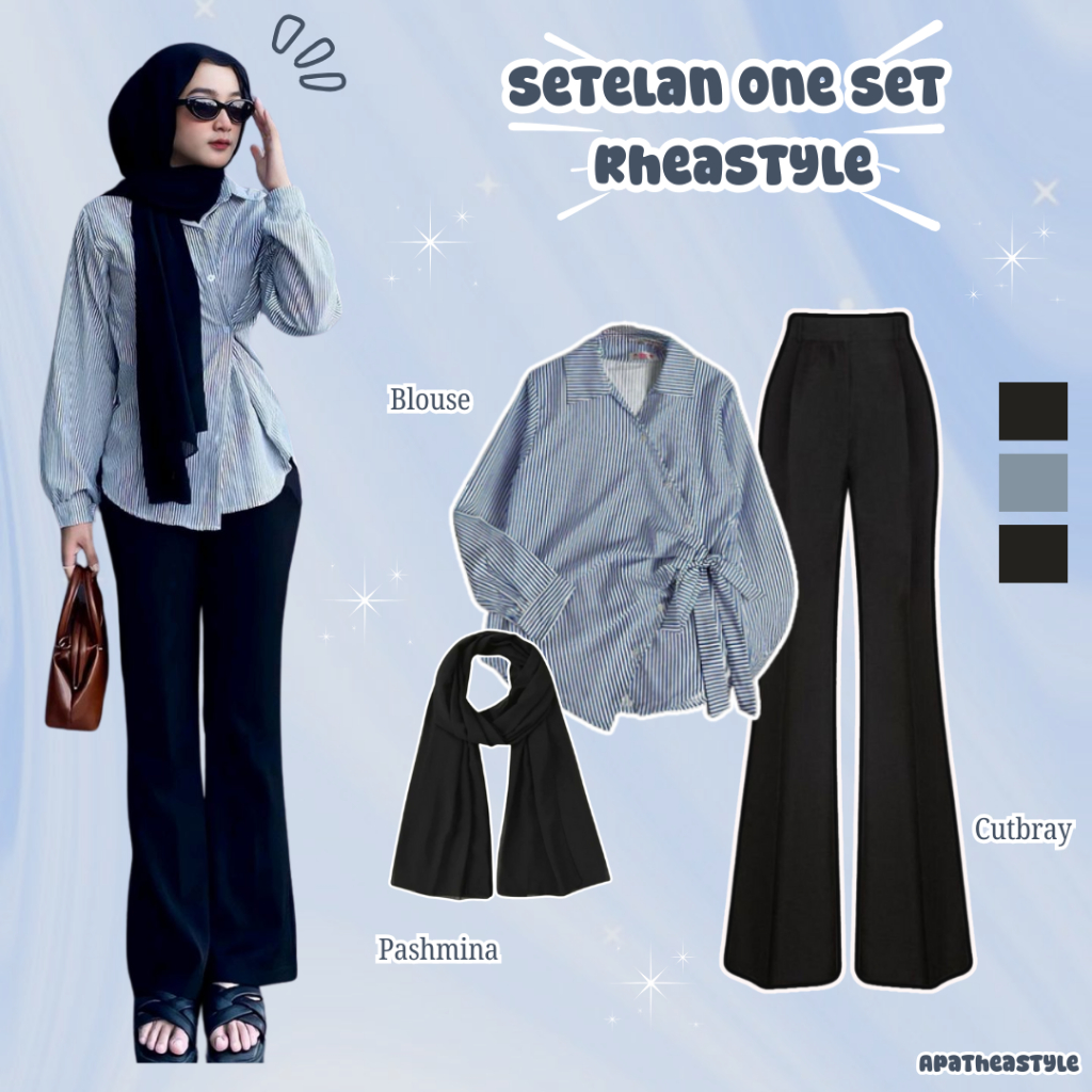 Apathea One Set RheaStyle ( Blouse + Cutbray + Pashmina ) Setelan Wanita Hijab Kekinian Korean.