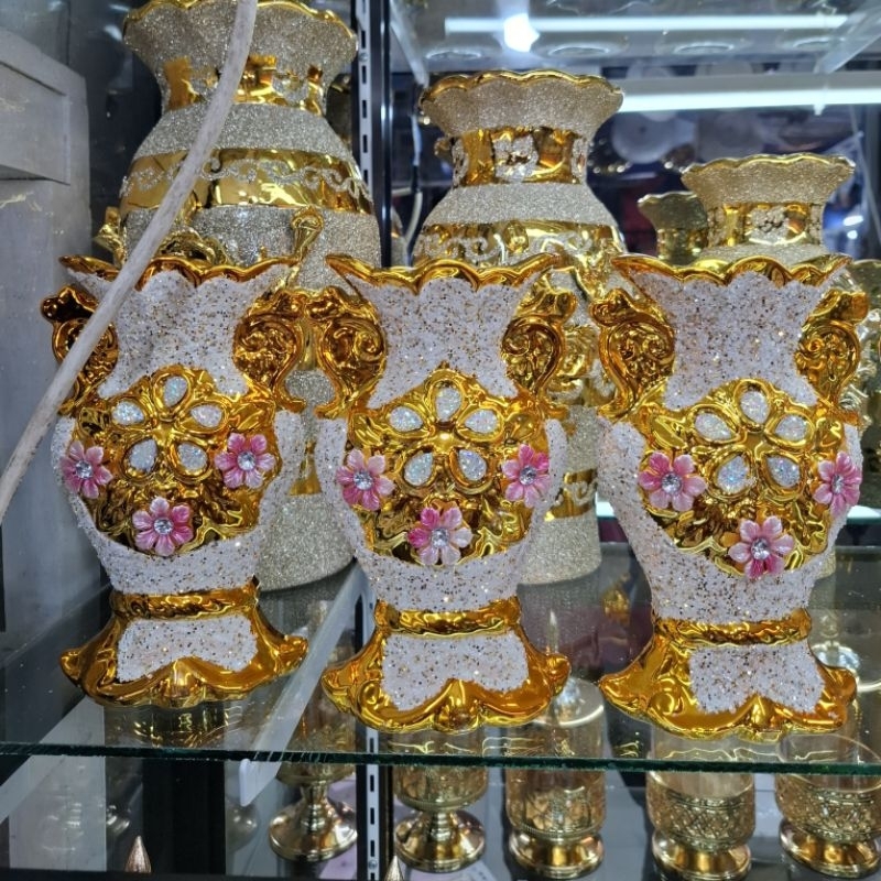 3 Pcs guci warna gold motif pasir mas Hiasan lemari kaca Vas bunga keramik Pajangan lemari sudut Dek