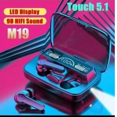 HEADPHONE BLUETOOTH 5.1 EARBUD M19 TWS NIRKABEL LED DIGITAL POWER DISPLAY BASS STEREO