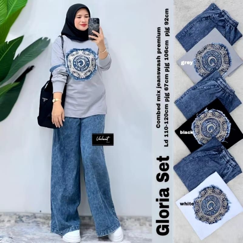 GLORIA SET KULOT JEANS // SETELAN ATASAN KAOS BORDIR TIMBUL ORIGINAL ZARA