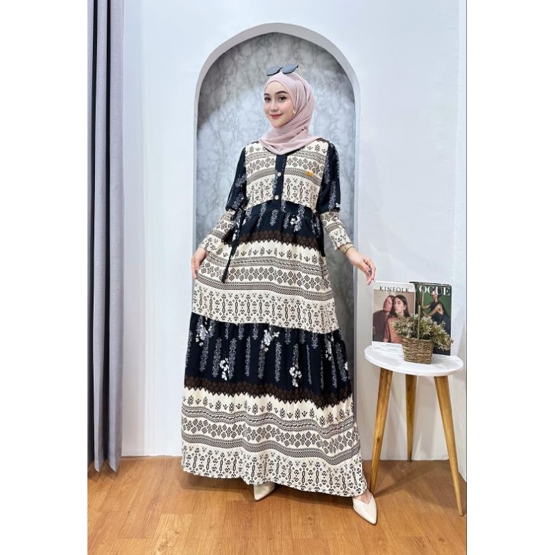 Laura Dress Gamis Motif - Gamis Crinkle Kekinian - Gamis Motif Wanita