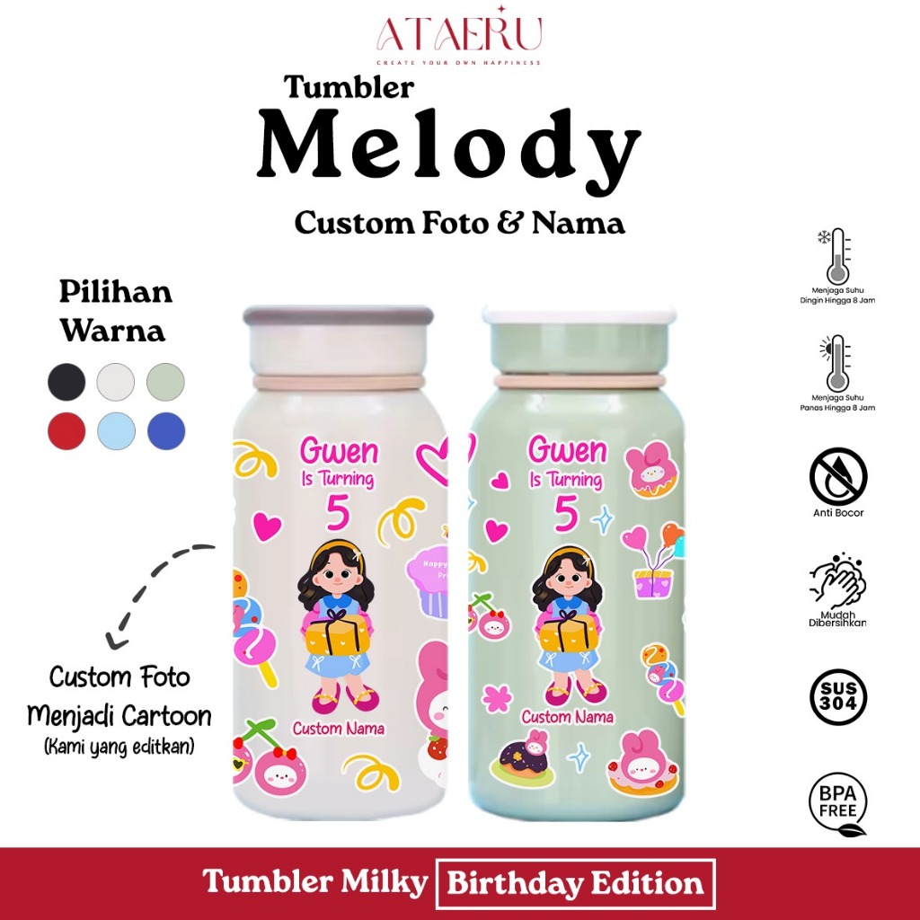 Souvenir Tumbler Birthday Anak Design Melody Botol Minum Custom Gambar Custom Nama