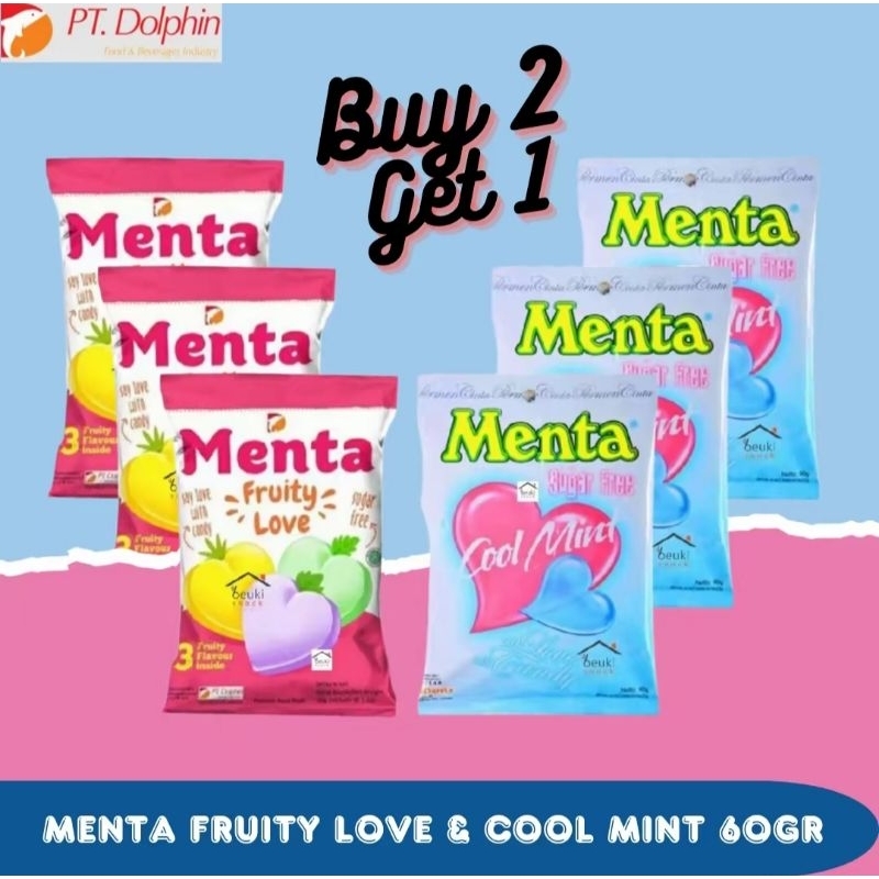 

PROMO 2+1 MENTA sugar free candy cool mint fruity love 60g bebas gula