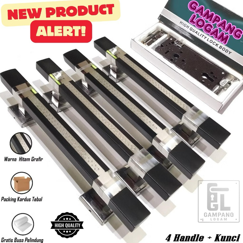 Handle Gagang Pintu Minimalis + Kunci Set - 4 Gagang & 1 Set Kunci | Anti Karat & Desain Elegan