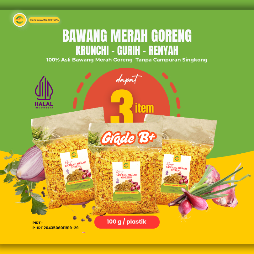 

Bawang Merah Goreng isi 3x 100 gram, Grade B, Bawang Merah Goreng Termurah, Bawang Merah Goreng Asli