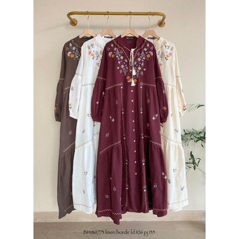- Lucky Lacky Boutique - Gamis Linen Premium Bordir Bunga Gamis Long Dress Mewah Elegan Cantik Trend