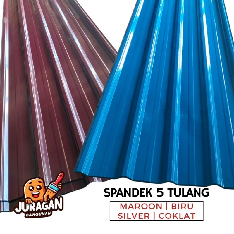Spandek 4 Meter 5 Tulang | Spandex Panjang | Atap Seng Spandek Maroon / Biru / Silver / Coklat