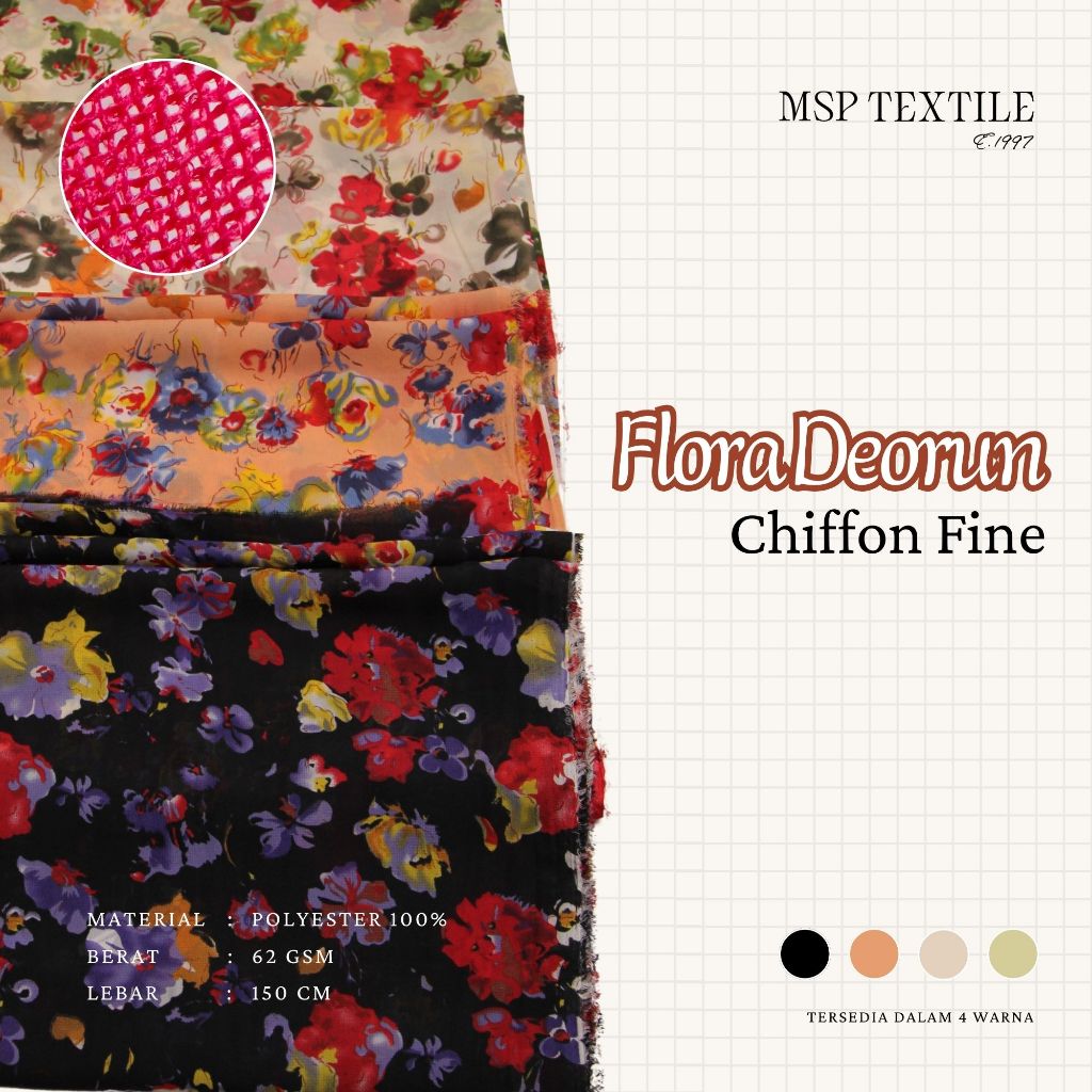FLORA DEORUN CHIFFON FINE KAIN SIFON POLYESTER BAHAN UNTUK KERUDUNG PASHMINA MUKENA ROK TUNIK GAMIS