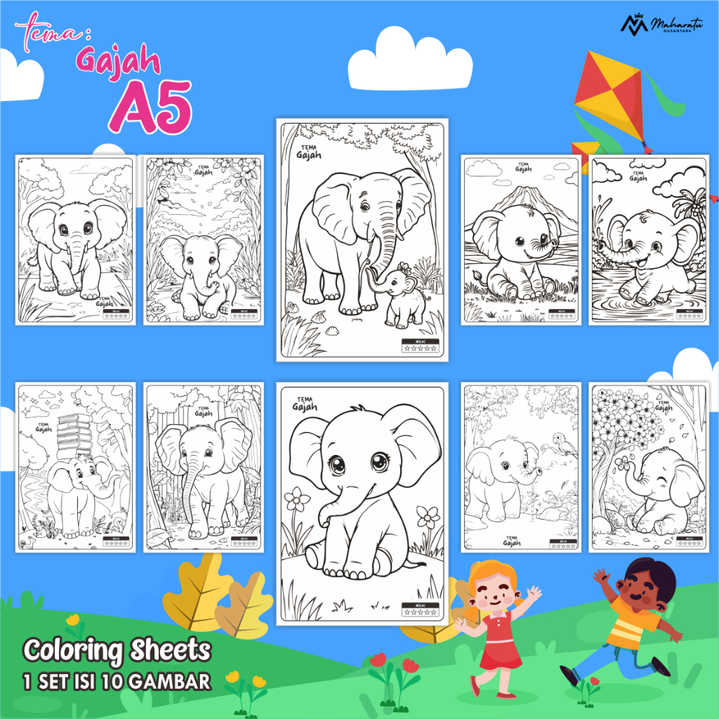 

[TEMA GAJAH] LEMBAR MEWARNAI ANAK UKURAN A5- KERTAS GAMBAR 1 SET READY STOCK - COLORING SHEET