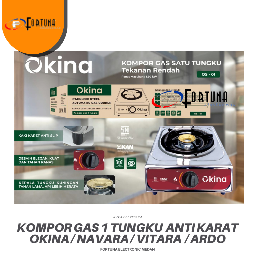 KOMPOR GAS 1 TUNGKU STINLESS STEEL ANTI KARAT OKINA / ARDO / VITARA / NAVARA / PROGAS KOMPOR GAS MUR
