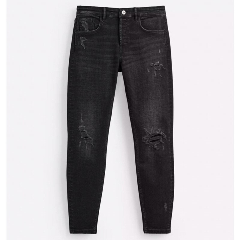 ZARA Men Ripped Skinny Fit Jeans Celana Panjang Denim Pria Black